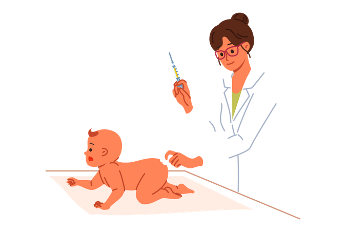 Woman pediatrician gives injection in butt of infant to preventively protect newborn from viruses  Illustration