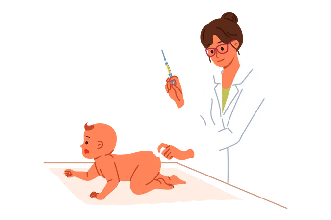 Woman Pediatrician Gives Injection In Butt Of Infant To Preventively Protect Newborn From Viruses Pediatrician Girl Vaccinates Small Patient Holds Syringe With Medicine That Improves Immunity Illustration