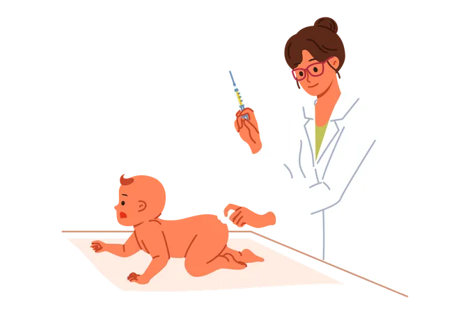 Woman pediatrician gives injection in butt of infant to preventively protect newborn from viruses  Illustration