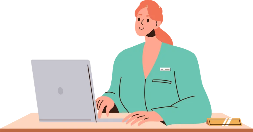 Woman pediatrician in lab coat working on laptop sitting at table  Illustration