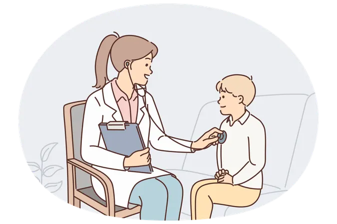 Woman pediatrician uses stethoscope listening to heartbeat of child during pre-school checkup  Illustration