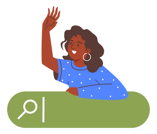 Woman peeking and greeting out of bar in web browser  Illustration
