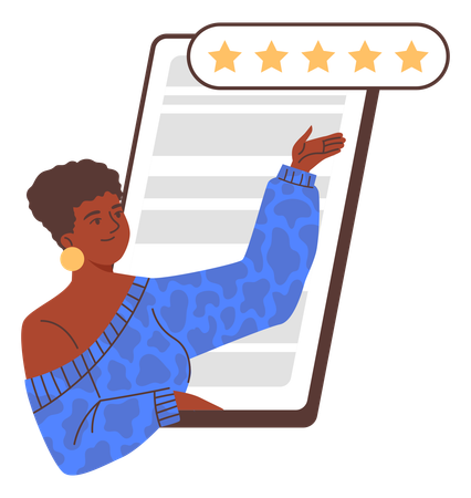 Woman peeking and greeting out of smartphone screen with five star rating  Illustration