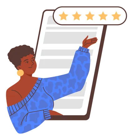 Woman peeking and greeting out of smartphone screen with five star rating  Illustration