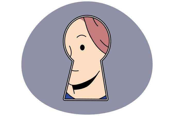 Woman peep in keyhole look for secret  Illustration