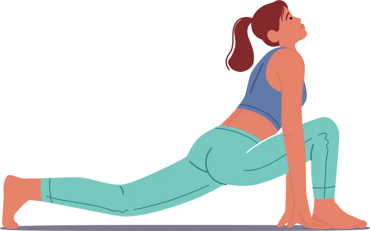 Woman Performing Ashwasanchalasana Also Known As Equestrian Pose In Yoga Involves Kneeling With One Leg Forward And The Other Extended Back Stretching The Hip Flexors And Thighs Vector Illustration Illustration