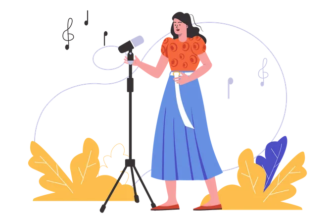Woman Singing While Standing In Front Of Microphone Young Girl Performing Song At Karaoke People Scene Isolated Artist Performance At Event Concept Vector Illustration In Flat Minimal Design Illustration