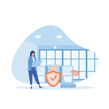 Woman performs Cloud Shared Documents security  Illustration