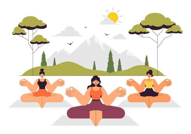 Woman performs yoga with friends  Illustration