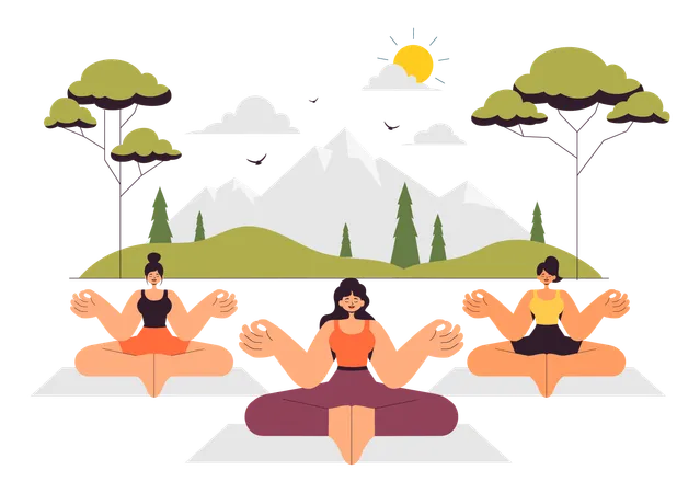 Woman performs yoga with friends  Illustration