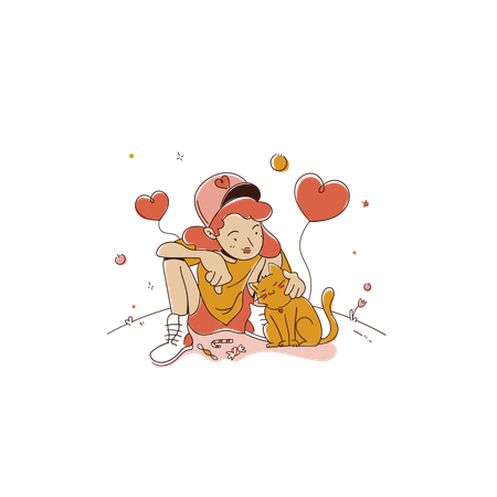 Woman Petting Cat In Park  Illustration