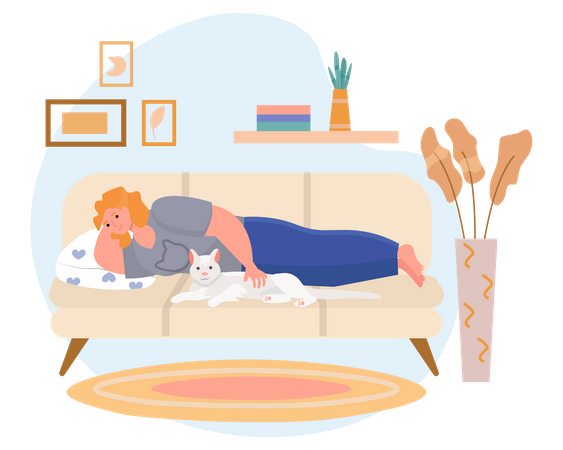 Woman petting cat on sofa  Illustration