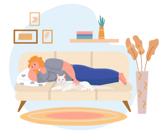 Woman petting cat on sofa  Illustration