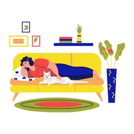 Woman petting cat on sofa  Illustration