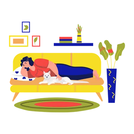 Woman petting cat on sofa  Illustration