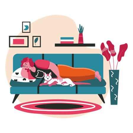 Woman petting cat on sofa  Illustration