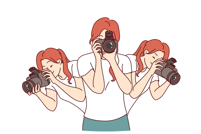 Woman photographer holds camera to create photo reports and looks in different directions  Illustration