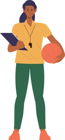 Woman physical education teacher holding ball and clipboard standing  イラスト