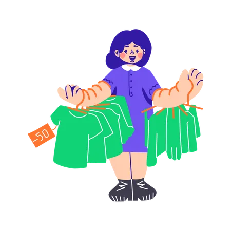 Woman Picked Up Discounted Clothes  Illustration