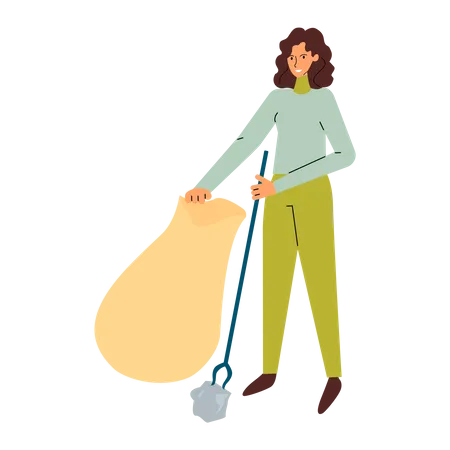 Woman picking up garbage from street with trash picker tool into plastic bag Illustration