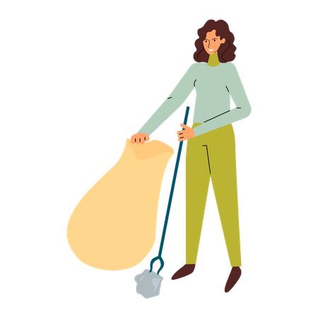 Woman picking up garbage from street with trash picker tool into plastic bag  Illustration