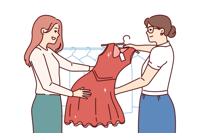 Woman picks up dry-cleaner dress  Illustration