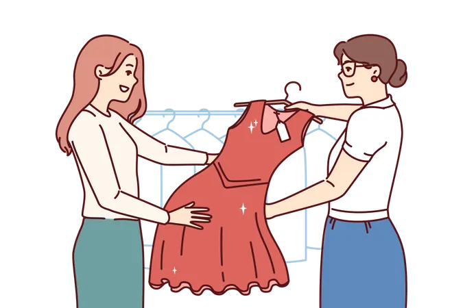 Woman Picks Up Dry Cleaner Dress Standing In Laundry Room Next To Employee Demonstrating Cleaned Clothes Happy Girl Visitor To Boutique Buys Red Evening Dress For Going To Party Illustration