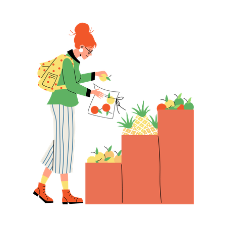 Woman picks vegetables in sewn eco bag  Illustration