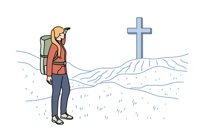 Woman pilgrim stands near large christian cross on hills during hike to sites of ancient cities  Illustration