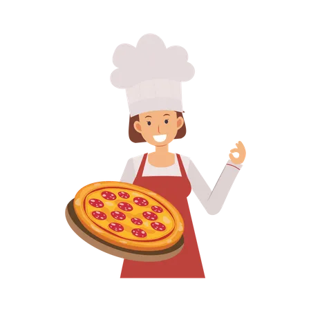 Woman In Professional Uniform And Chef Hat Is Holding Pizza Ok Hand Sign Flat Vector Cartoon Character Illustration Illustration