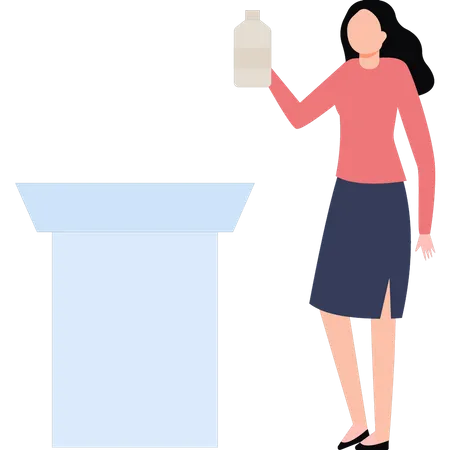 Woman placing bottle on table  Illustration