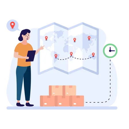 Woman placing shipment locations on a map  Illustration