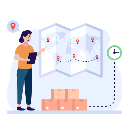 Woman placing shipment locations on a map  Illustration