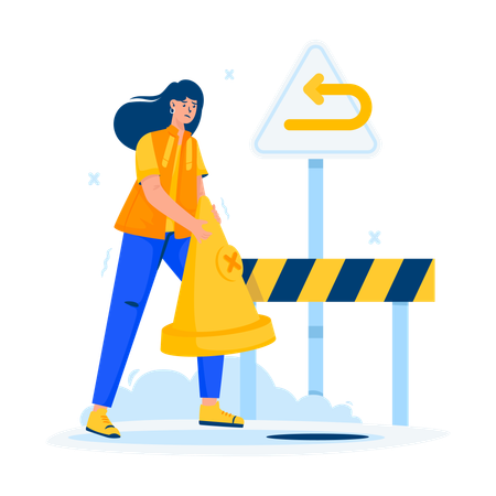Woman placing traffic cone for website returns page  イラスト