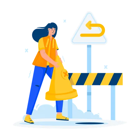 Woman placing traffic cone for website returns page  Illustration