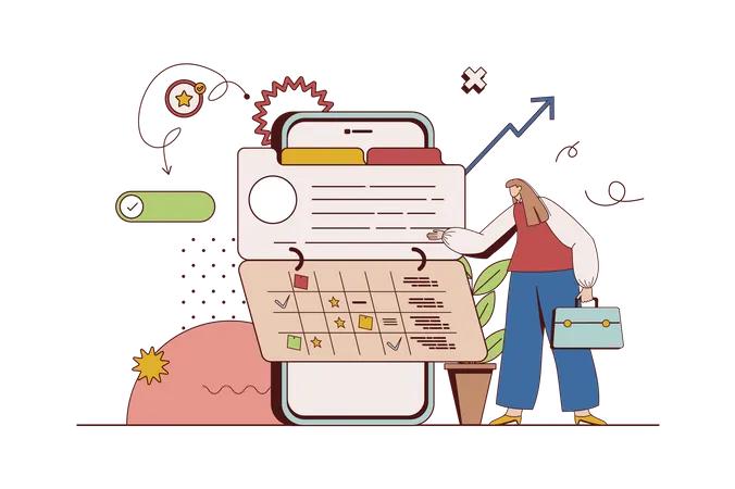 Woman planning daily tasks and workflow using calendar and reminder in application  Illustration