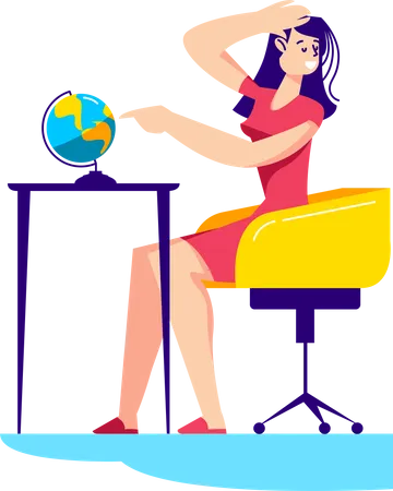 Young Woman Planning Trip Pointing Finger On Destination On Globe Summer Vacation Tour And Travel Planning And Preparation Concept Cartoon Vector Illustration Illustration