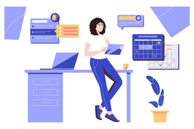 Planning Work Web Concept With People Scene In Flat Blue Design Woman Planning Workflow And Daily Routine Using Calendar And Time Management Services With Task Lists And Reminder Vector Illustration Illustration