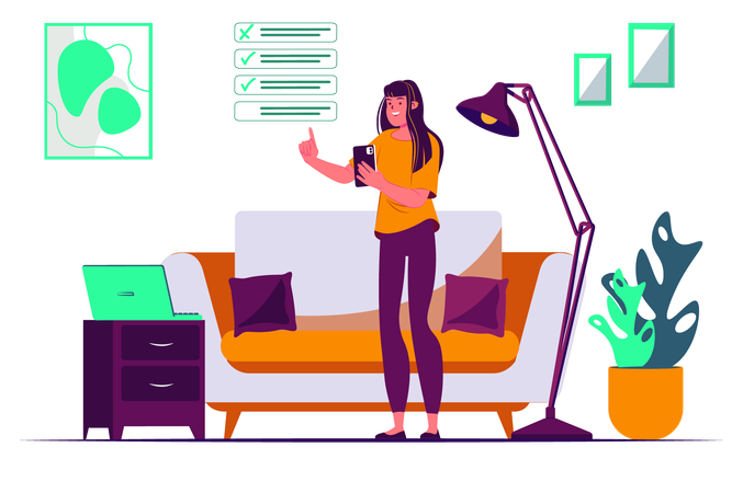 Woman plans her tasks for the day using a mobile organizer  Illustration