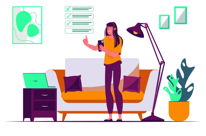 Concept Mobile Organizer With People Scene In The Flat Cartoon Design A Woman Plans Her Tasks For The Day Using A Mobile Organizer Vector Illustration Illustration