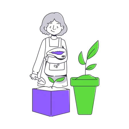 Woman planted plant in pot  Illustration