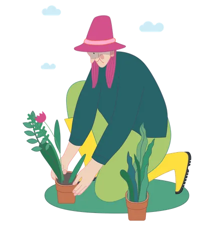 Woman planting a flower.  Illustration