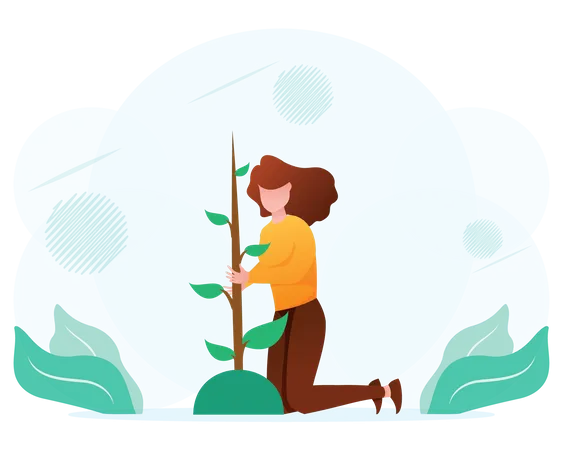 Woman planting and caring of tree Illustration