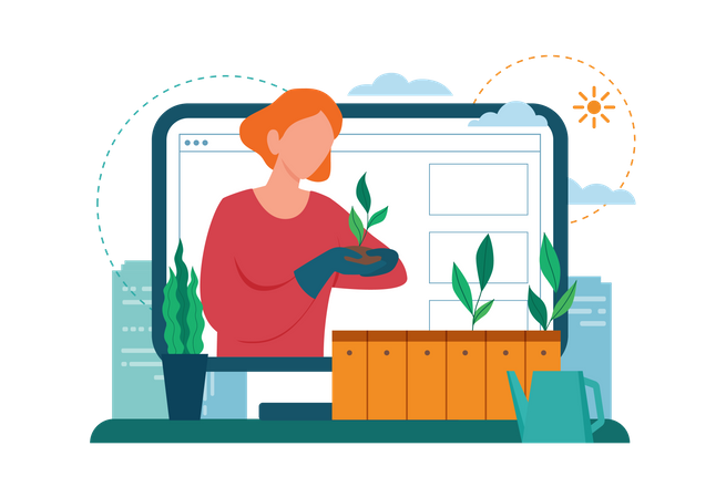 Woman planting and watering the sprout on the roof or balcony Illustration