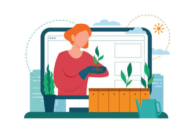 Woman planting and watering the sprout on the roof or balcony  Illustration