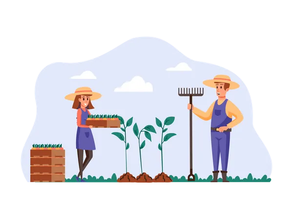 Woman planting crops with help of husband Illustration
