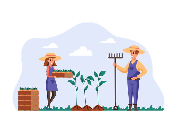 Woman planting crops with help of husband  Illustration