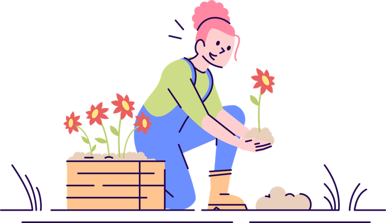 Woman planting flower  イラスト