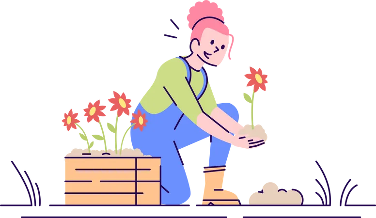 Attractive Woman Planting Flower Flat Vector Illustration Active Leisure Woman Hobby Happy Gardener Holding Seedling Isolated Cartoon Character With Outline Elements On White Background Illustration