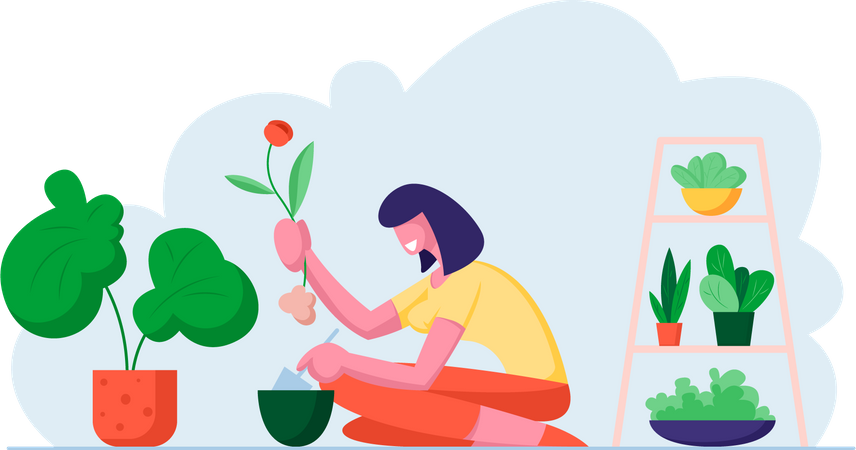 Woman planting flower in flower vase Illustration